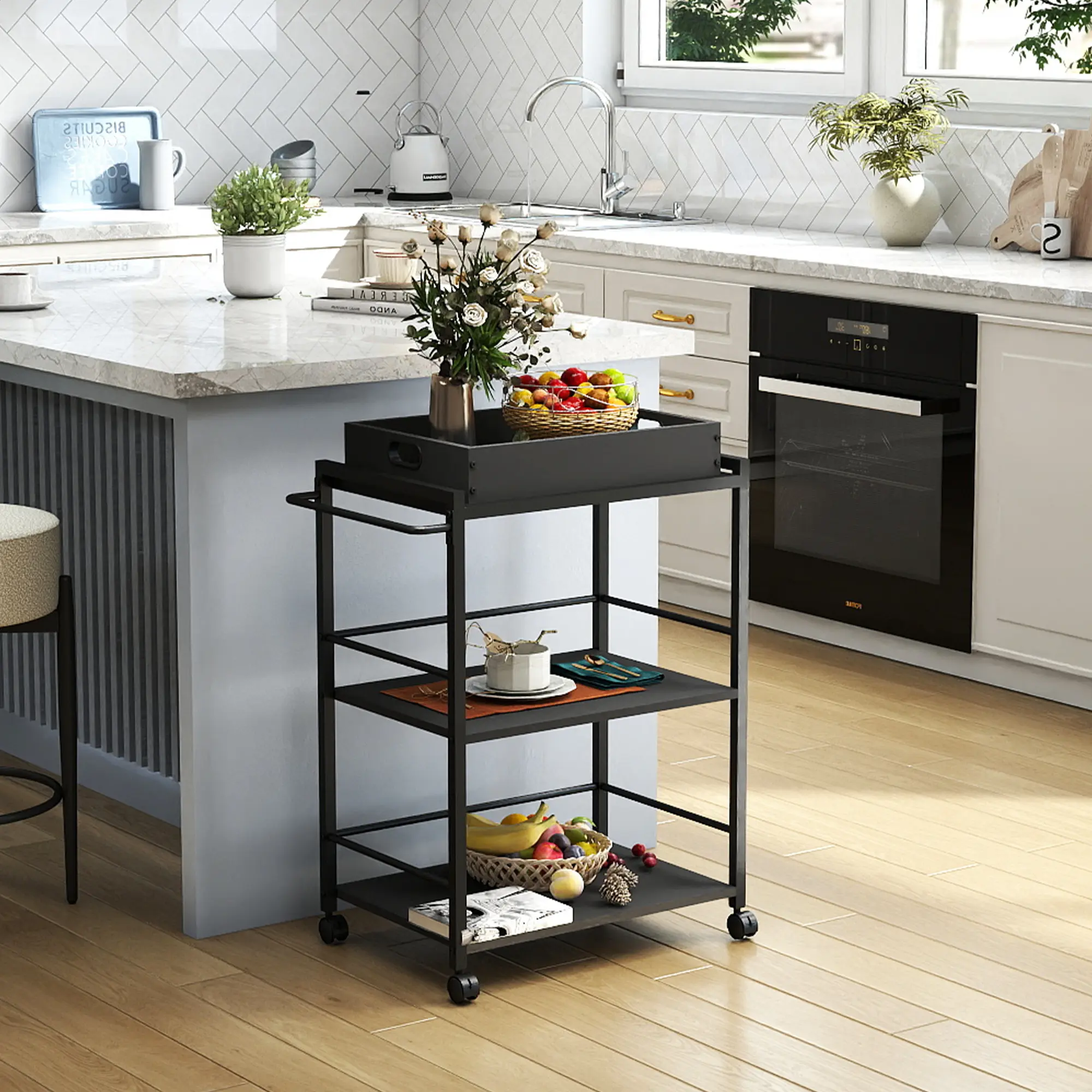 Bar Cart for the Home, Large 3-Tier Kitchen Serving Cart with Wheels, Rolling Bar Cart with Removable Serving Tray summergarden