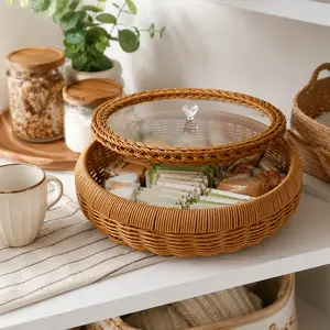 Handwoven Rattan Storage Basket with Clear Lid | Wicker Organizer Bowl for Snacks, Towels, Fruit & Farmhouse Home Decor organization multipurpose