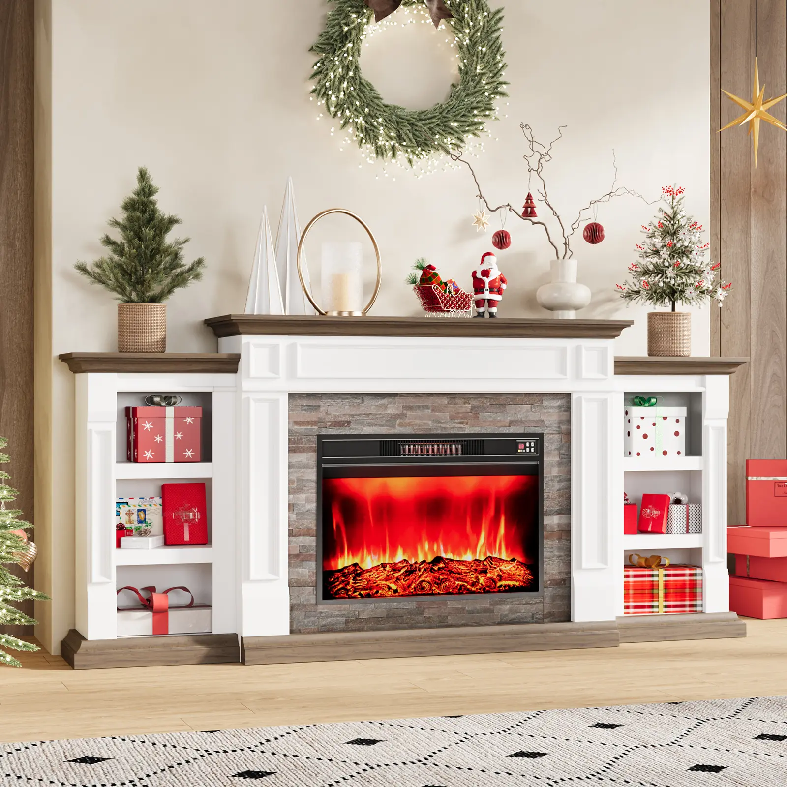 LGHM 80" Electric Fireplace with Mantel, Fireplace TV Stand for TVs Up to 90 Inch,Farmhouse Entertainment Center with Storage, 30'' Fireplace Heater Insert with 3D Flame Effect for Living Room