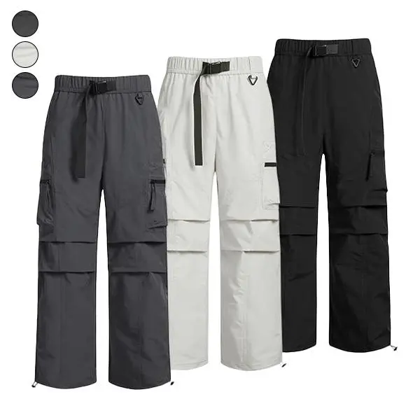 Men’s 3-color cargo parachute pants, quick-dry wide-leg outdoor long pants with multiple zippered pockets, adjustable waistband, and drawstring cuffs, street-style pants