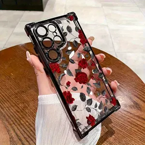 Elegant Red Rose Pattern Phone Case for Samsung Galaxy S23 Ultra S24 Plus S25 S22+ FE Edge Four-Corner Shockproof Anti-drop Protective Silicone Cover Gift