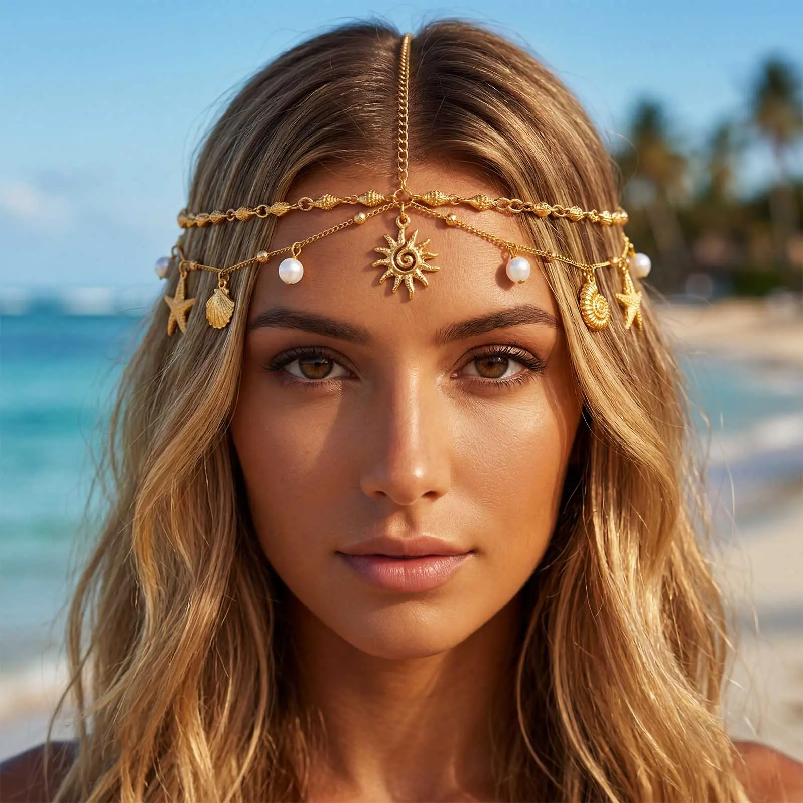 ELABEST Women's Gold Adjustable Headpieces & Crowns - Boho Beach Fairy Style Bridal Forehead Jewelry with Sun Charm, Pearl Accented Details, Seashell Accents, Fits Most Head Sizes, Fairy Style Headpieces