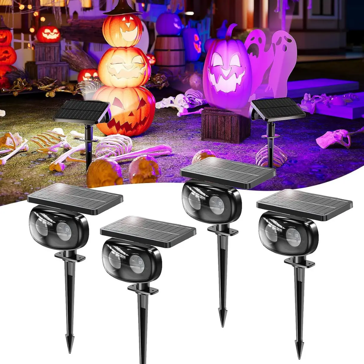 Solar Black Light Outdoor 395nm, Halloween Decorations Glow Party, 4-Pack | IP68 Steady Breathing and Strobe Modes Glow in the Dark Party for Yard Patio Pathway Porche Fence Wall Mount and Neon Outdoor