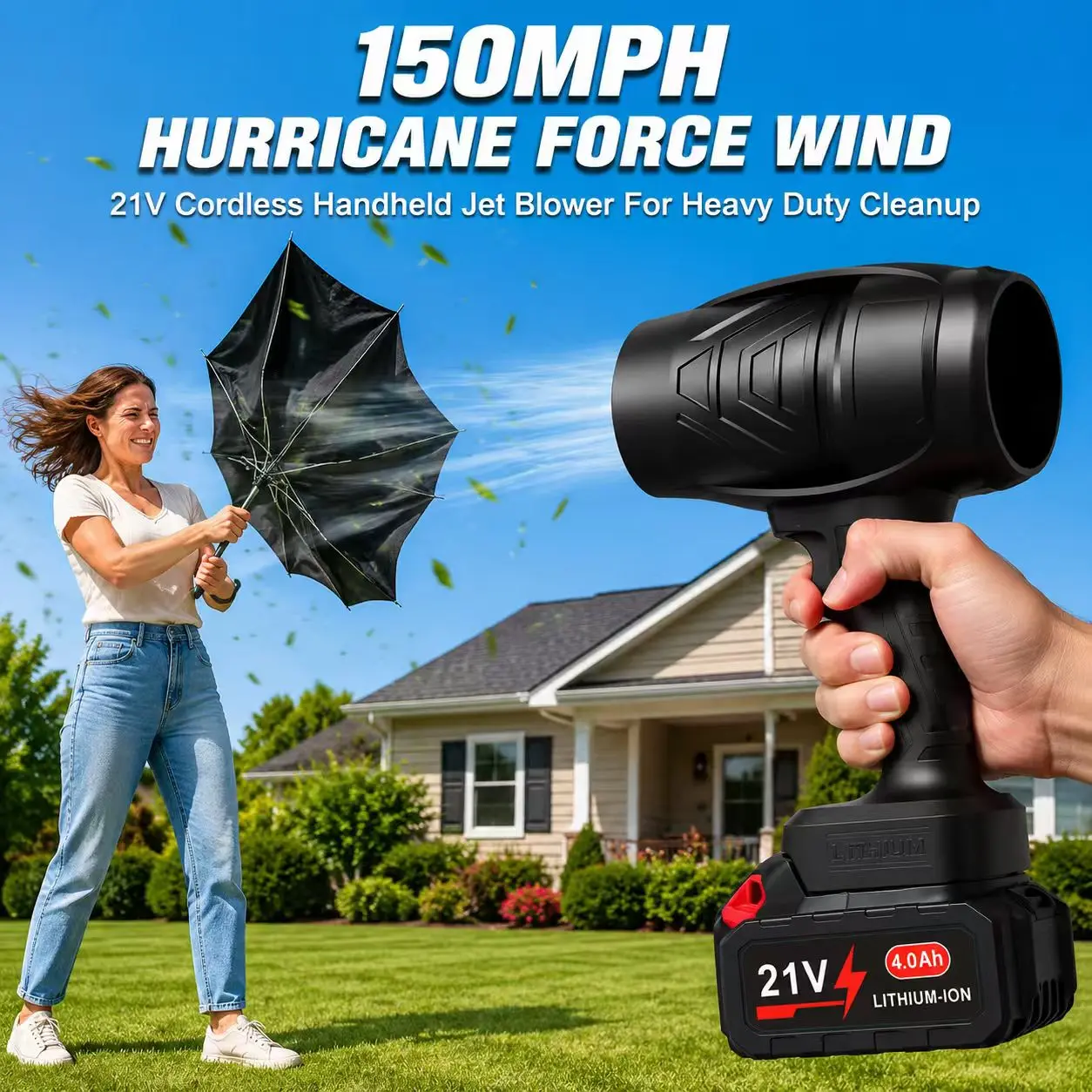 21V Cordless Leaf Blower, 32000RPM 150MPH Electric Handheld Blower with 2 Pack 4.0Ah Lithium-ion Batteries, Variable Speed, Rechargeable Power Blower for Lawn Care, Snow Blowing, Dust Cleaning, Car Detailing, Patio & Yard Work