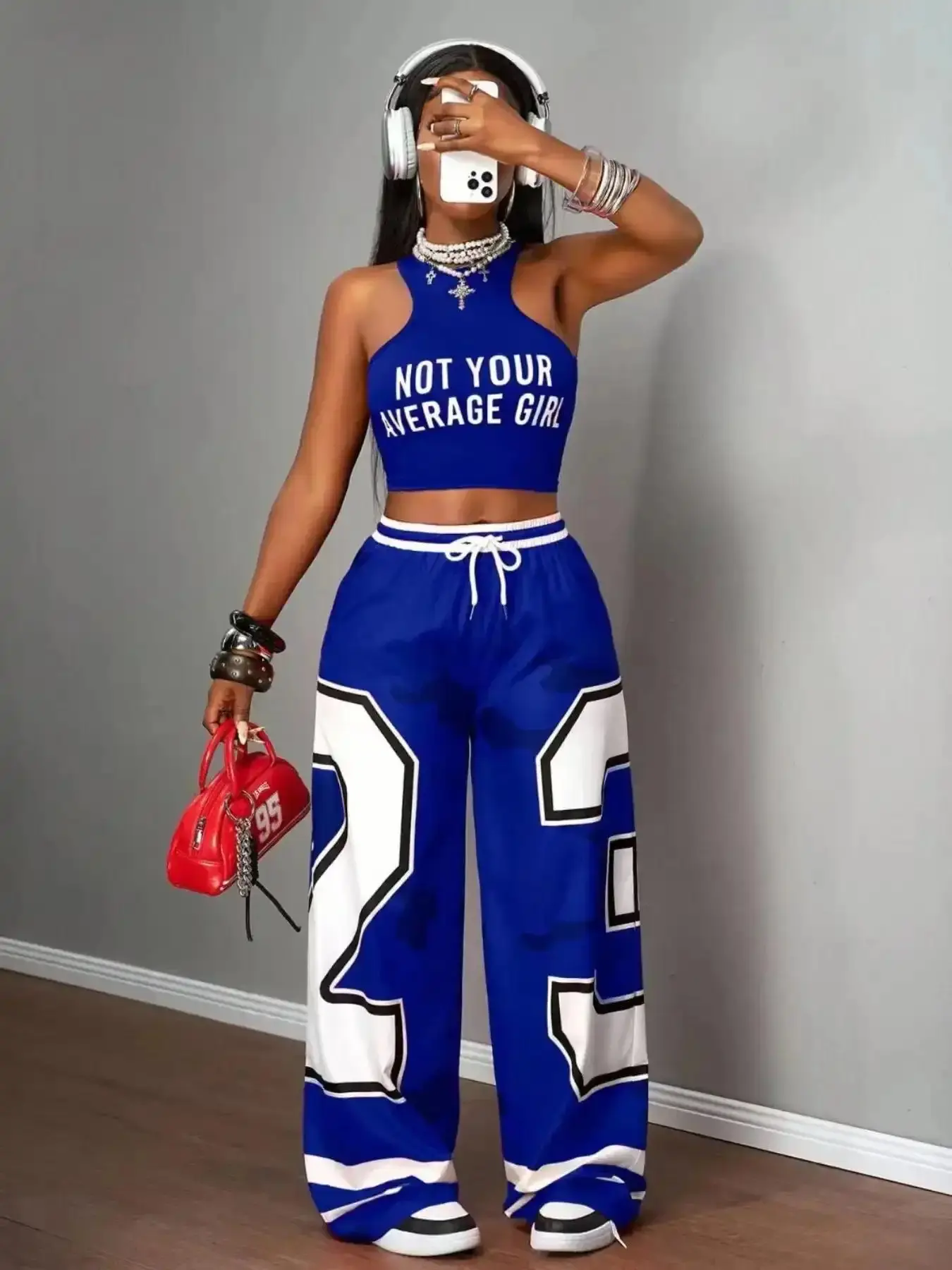 New Summer Casual Sporty Style Round Neck Patchwork 23 Number Slogan Print Short Sleeve T-Shirt + Shorts Women Two-Piece Set