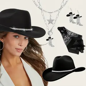Women's 4PCS Western Cowgirl Fashion Accessory Set - Black Cowboy Hat with Strap, Black Paisley Polyester Bandana, Rhinestone Cowgirl Boots Earrings, Pendant Necklace, Retro Rodeo Outfit, Ideal for Halloween, Photo Booths