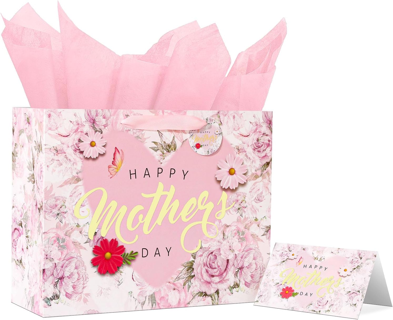Mother’s Day Gift Bag Set 13” Floral Gold Foil with Card & Tissue, Happy Mother’s Day Gift Bag for Mom Grandma Nana, Premium Gift Wrap Supplies