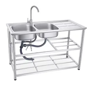Stainless Steel Single Bowl Utility Sink Set, Commercial Restaurant Kitchen Sink, Outdoor Sink with Workbench & Storage Shelve with Hot and Cold Water Pipes
