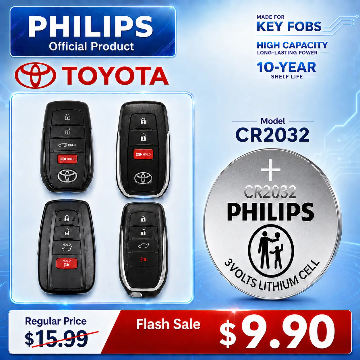 【PHILIPS Limited-Time Deal】CR2032 3V Lithium Coin Batteries for Toyota Key Fob Replacement - RAV4, Camry, Corolla Compatible, Dealership-Same Type, Long-Lasting Power, 10-Year Shelf Life