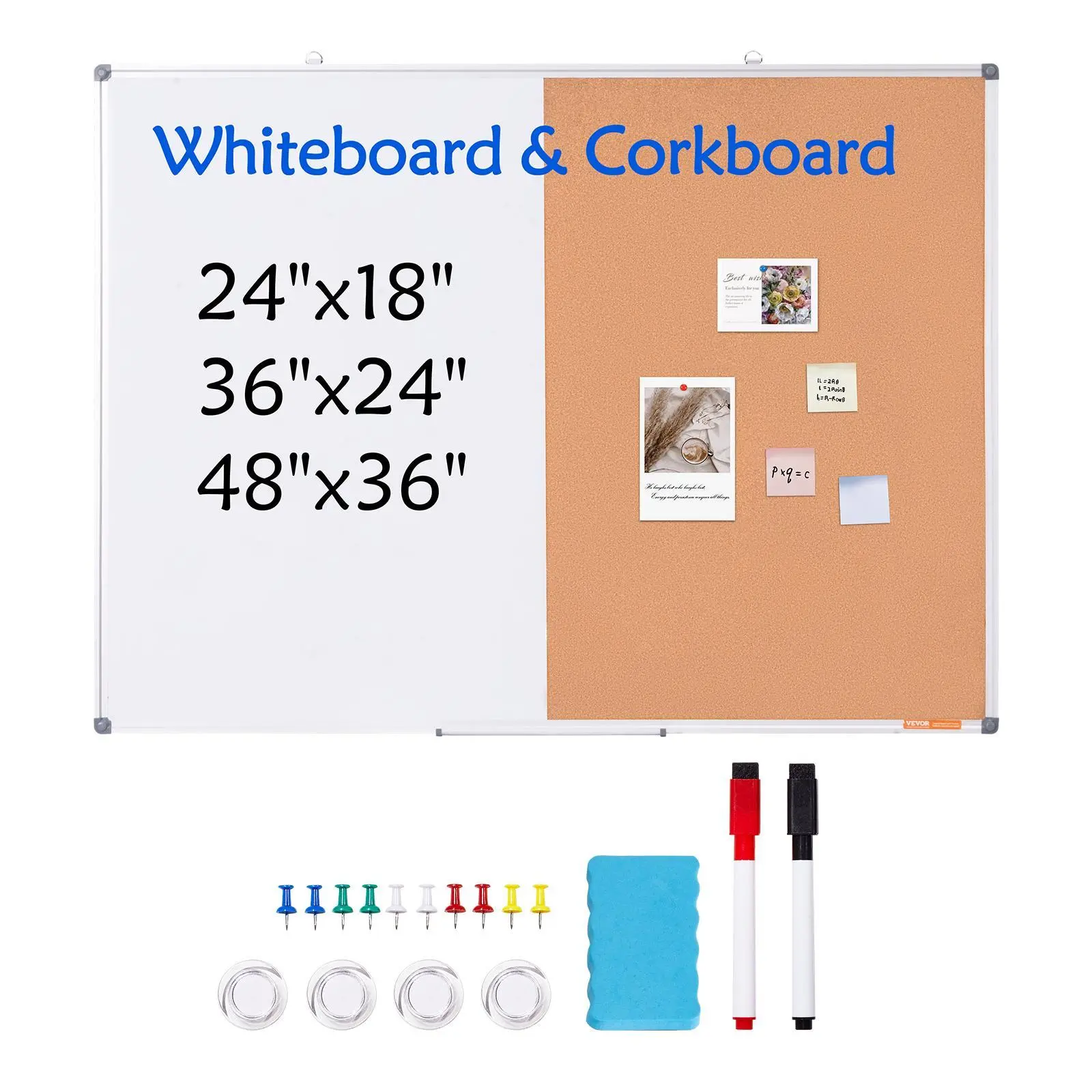 VEVOR Horizontal 48x36 in 2-in-1 Magnetic Whiteboard-Cork Board Combo with Aluminum Frame, Dry-Erase Markers, Full Accessories, Secure Packaging, Easy Erasing, Wall-Mount for Teachers, Kids, Offices, Kitchens