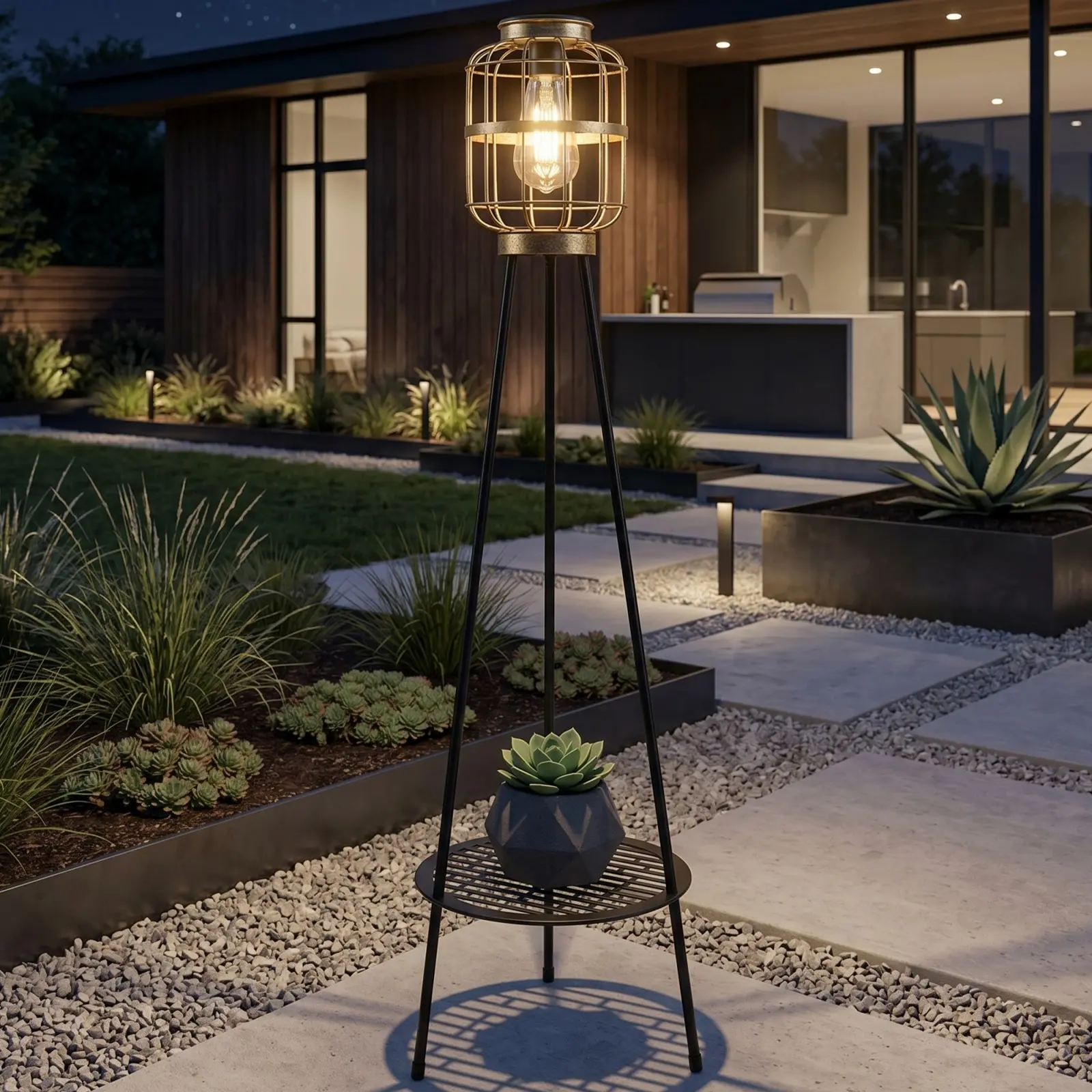 41.3-Inch Solar Powered Outdoor Floor Lamp, Black Iron Cage Lantern, 6.3-Inch Wide Solar Garden Lamp Pathway Lighting with Auto Off for Patio Decor