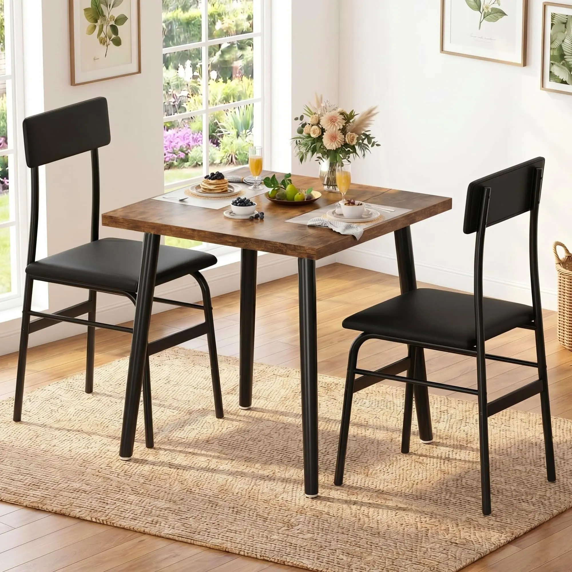 3 Piece Dining Table Set for 2, Small Kitchen Table Set with 2 Upholstered Chairs, Compact Breakfast Table for Small Space, Dining Room, Apartment, Rustic Brown