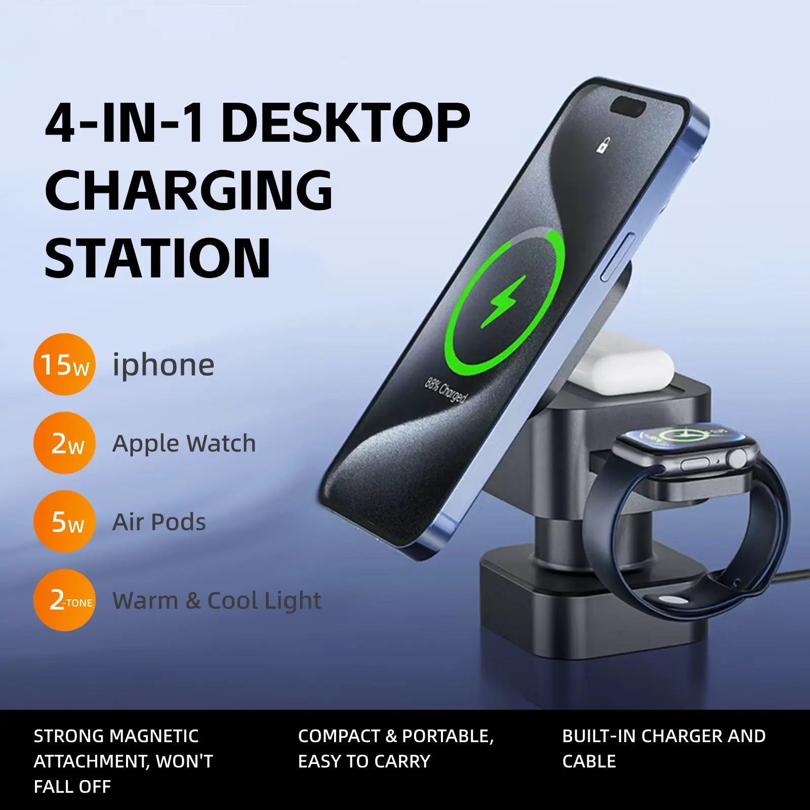 4-in-1 Wireless Charger 15W Fast Charging Station with Adapter & Cable for iPhone, Apple Watch & AirPods, Built-in Night Light, Magnetic Design, Compact for Bedside