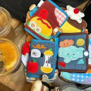 Compact & Cute Coin Purse Canvas Zipper Wallet with Cartoon Print Denim & Corduroy Card Holder  Foldable Design for Convenience  Perfect Gift for Women Ideal for Casual Use