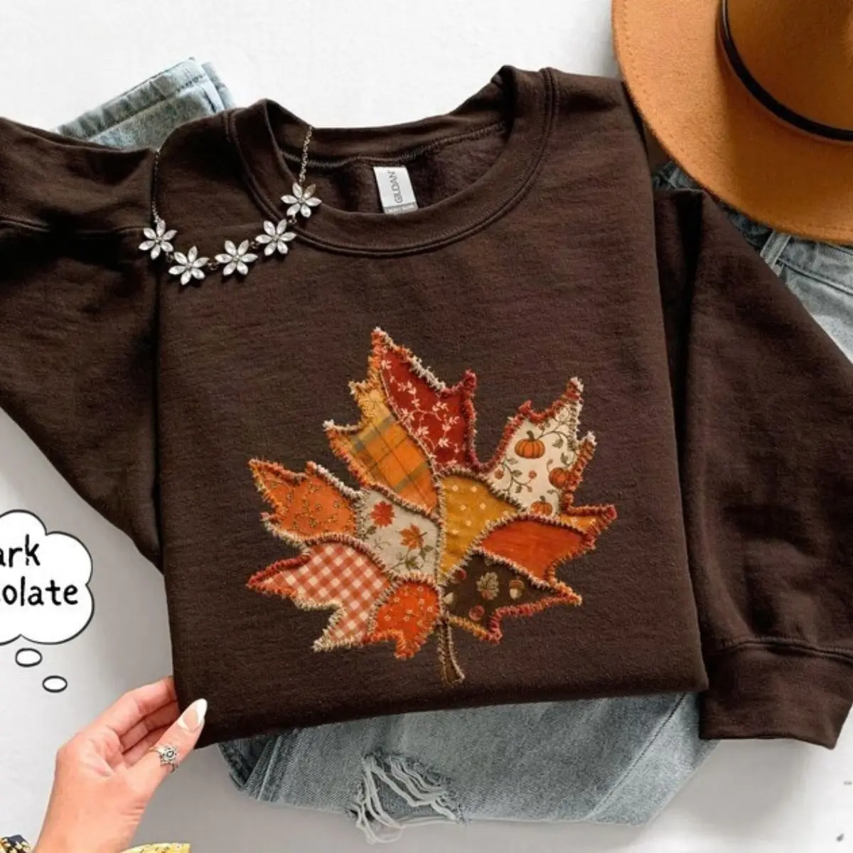 [Faux embroidery] Printed Patchwork Leaf Sweatshirt, Retro Faux Embroidered Autumn Maple Leaf Graphic Crewneck, Vintage Cottagecore Thanksgiving Pullover Top
