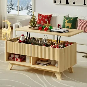 【DealsforYouDays】ONBRILL Hydraulic Lift Top Coffee Table, Farmhouse Mid-Century Modern Piece with Hidden Storage, Fluted Wood Center for Living Room, Office Furniture