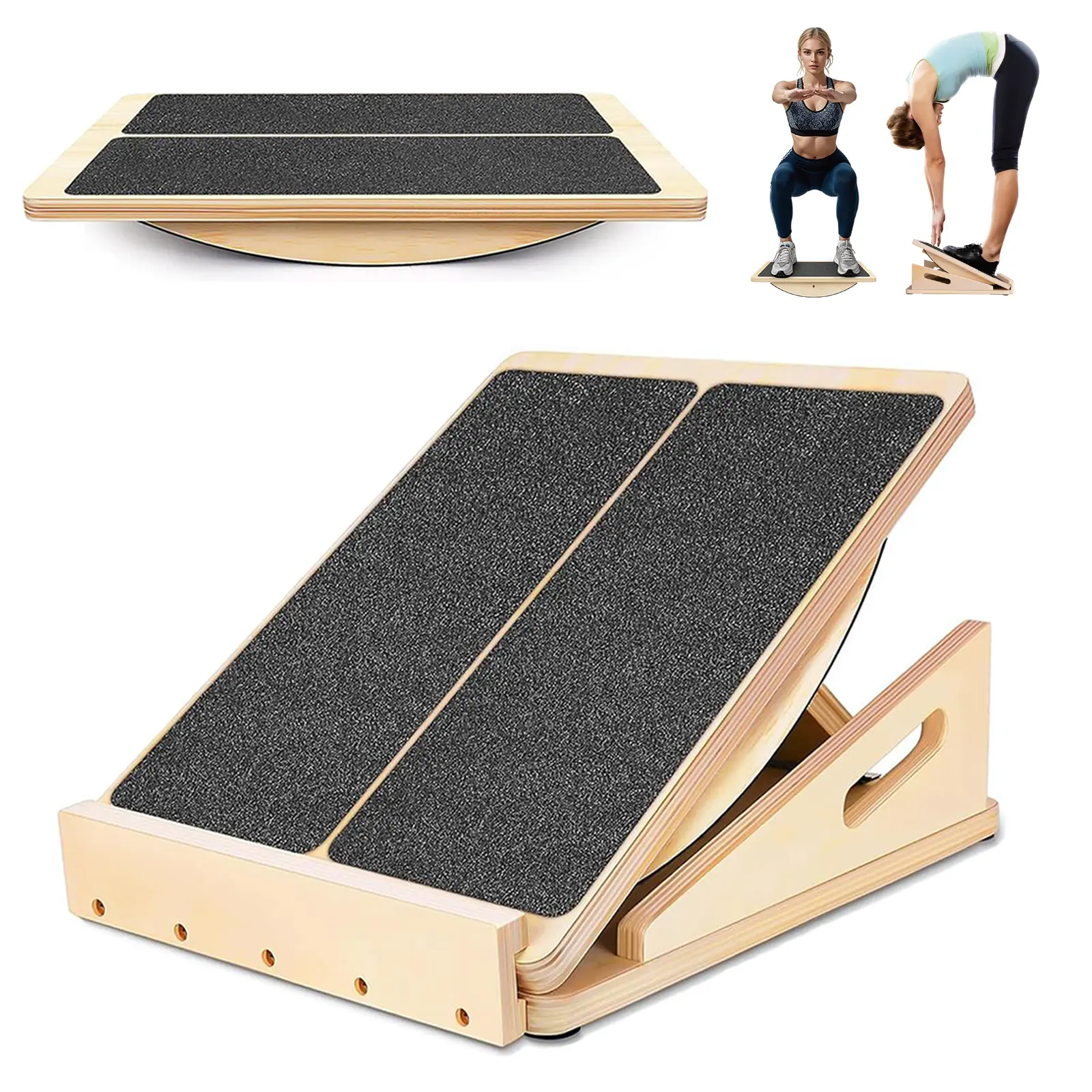 2-in-1 Professional Wooden Balance & Slant Board - 4 Adjustable Incline Board for Core Strength Improvement, Calf Stretching, Injury Rehabilitation, Muscle-Stretching, Compact and Lightweight Fitness Balance Training Equipment