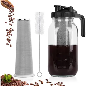 Cold Brew Coffee Maker, 64 oz Wide Mouth Mason Jar Pitcher with Stainless Steel Filter, Pour Spout Handle Lid, Heavy Duty Glass Airtight & Leak-Proof Pitcher for iced coffee & Tea Lemonade