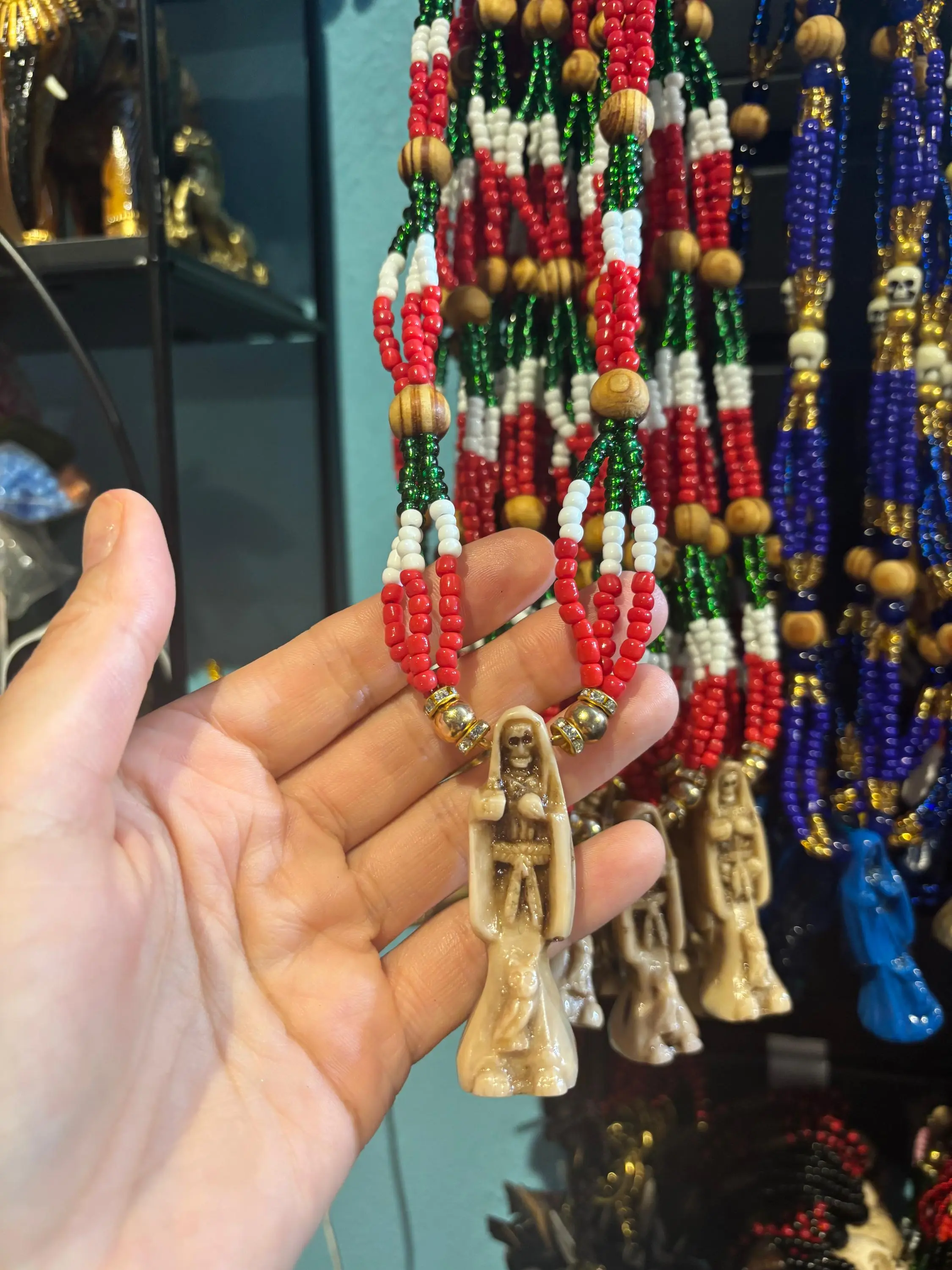Santa Muerte Mexico flag colors 1 necklace, Activating Instructions, Beaded Pendant, Mexican Flag, Ethnic