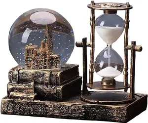 LED Music Crystal Snow Globe with Hourglass Vintage Paris Eiffel Tower Home Decoration for Living Room Bedroom Book Shelf TV Cabinet Desktop Decor Table Centerpieces Ornaments