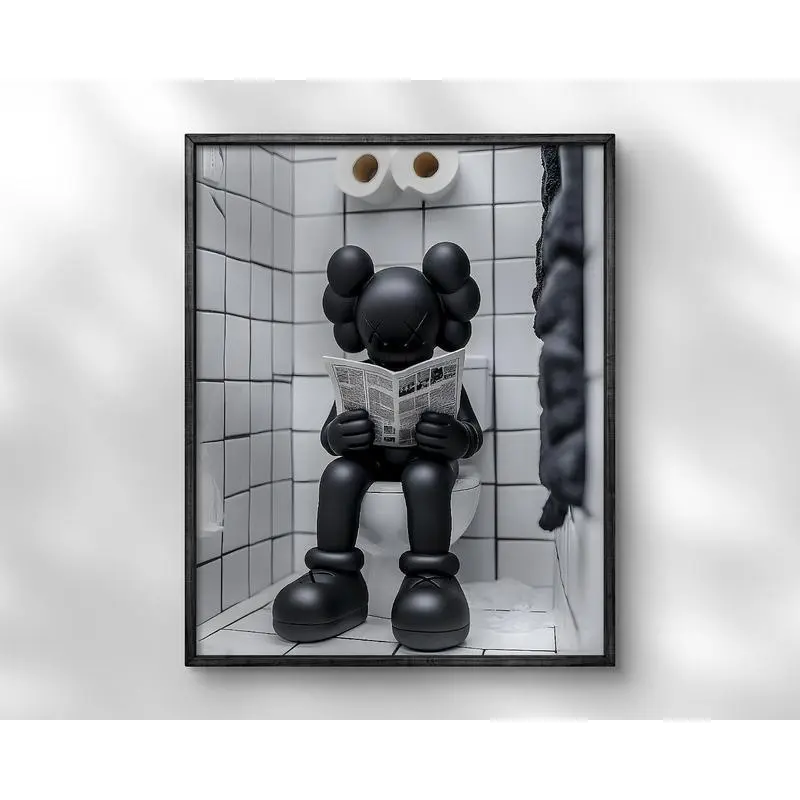 Kaws High-Res Print - Iconic Toilet Art with Crisp Lines, Custom Black Kaws Figure Bathroom Wall Art, Modern Cool Design Home Decor, 1-Piece Wardrobe Accent, Standard/Custom Sizes, Giftable Posters & Prints