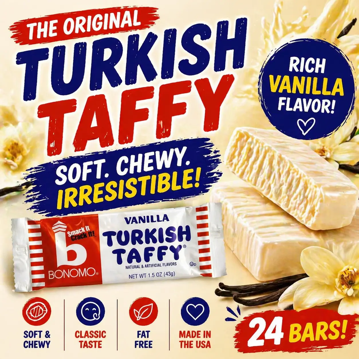 Bonomo Turkish Taffy Vanilla Candy Bars 1.5 oz 24 Count  Classic Vanilla Chewy Taffy Bars | Retro Individually Wrapped Candy Treats