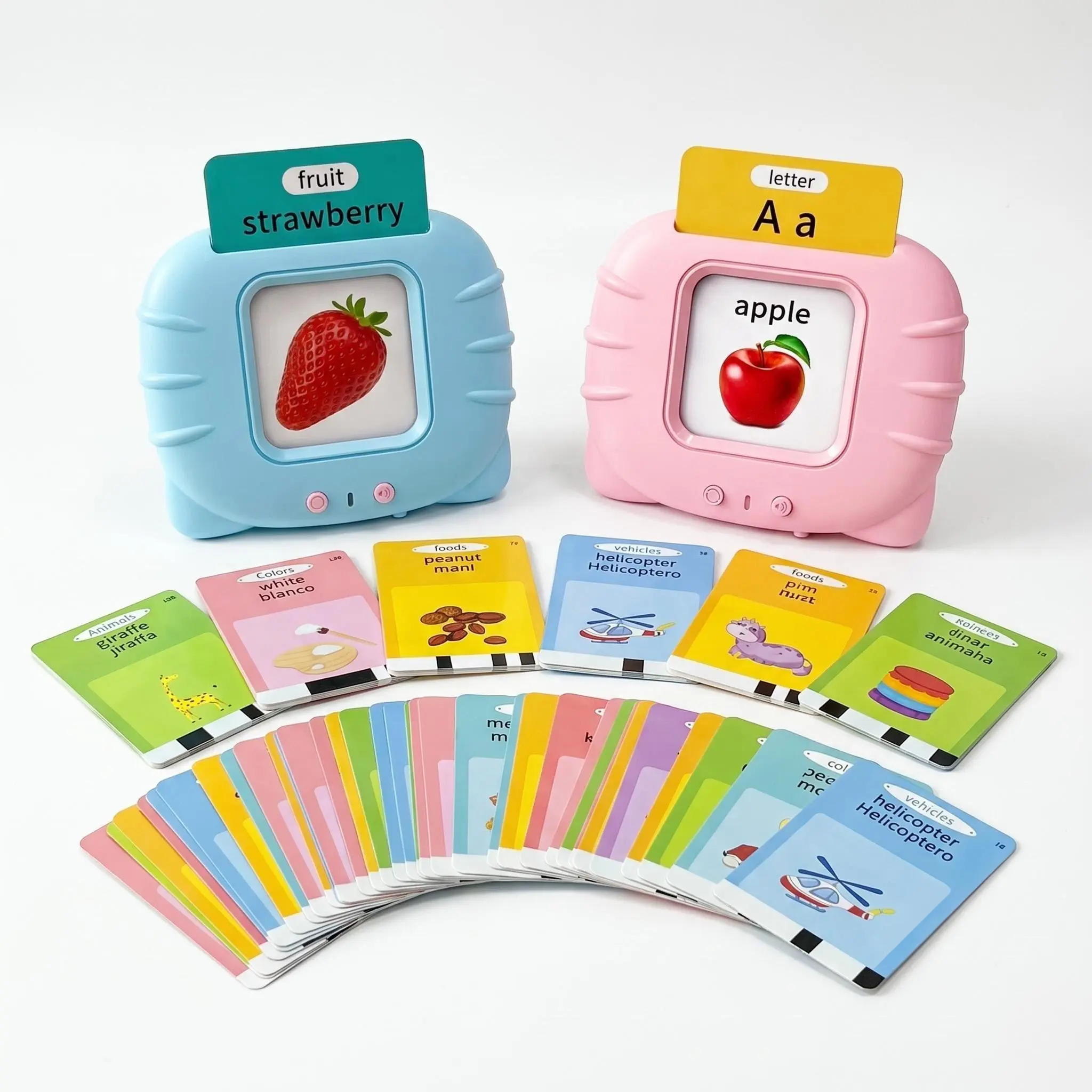 KIDGENIUS Kids Bilingual Flashcard Reader English Spanish Talking Flash Cards for Toddler Early Learning Toy with Two Language Automatic Pronunciation Screenless Design for Ages 2 to 6 Safe Fun Educational Experience