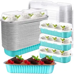 30pcs Mini Blue Bread and Cake Pans with Lids, 6.8oz Rectangular Aluminum Foil Baking Pans, Disposable Cake Containers with Lids, Suitable Suitable for Single Cakes and Mini Muffin Plates