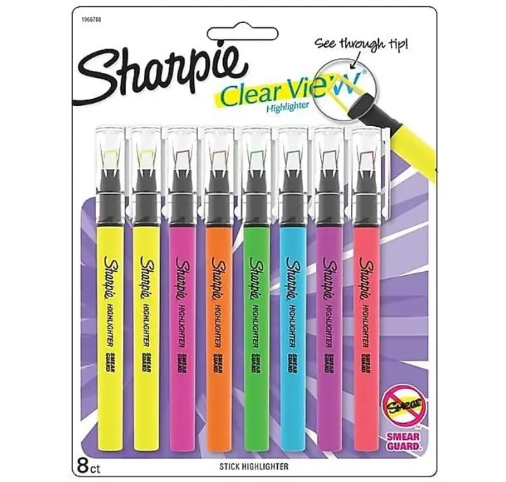 Sharpie Clear View Highlighter Sticks, Chisel Tip, Assorted Fluorescent, 8 Count - School, Home, and Office Use, Teacher Supplies
