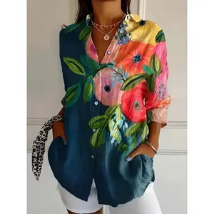 Plus Size Vibrant Floral Print Casual Shirt - Lightweight, Long Sleeve with Collar, Machine Washable, Polyester Blend - Perfect for Spring/Fall Fashion, Plus Size Blouses Top Womenswear