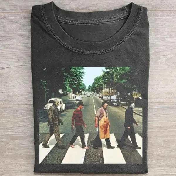 Vintage Horror Characters Crossing Street Shirt, Slasher Movie Crossover Tee, Friday The 13th Halloween Nightmare Shirt
