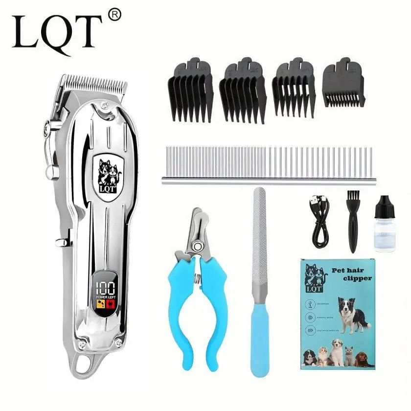 LQT Low-Noise Cordless Pet Clippers - 2000mAh Battery Powered At-Home Grooming Kit for Dogs & Cats with Stainless Steel Blades, Smart LED Display, 4 Guide Combs, Grooming Accessories, 1-Button Operation, Travel Lock, Adjustable Length, Easy Cutting, Rabbi