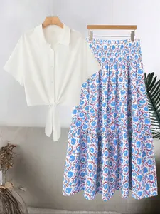 Plus Size Women's Floral Woven Shirt Dress Set, Front Tie Design, Drop Shoulder Short Sleeve Top, Elastic Waist Skirt, Summer Fashion