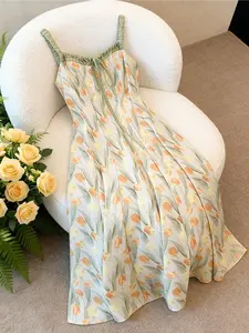 Elegant Midi Summer Dress for Women, Chic French Style Tulip Halter Long Dress, Square Neck Design, Waist Cinch, Perfect for Daily Wear & Afternoon Tea