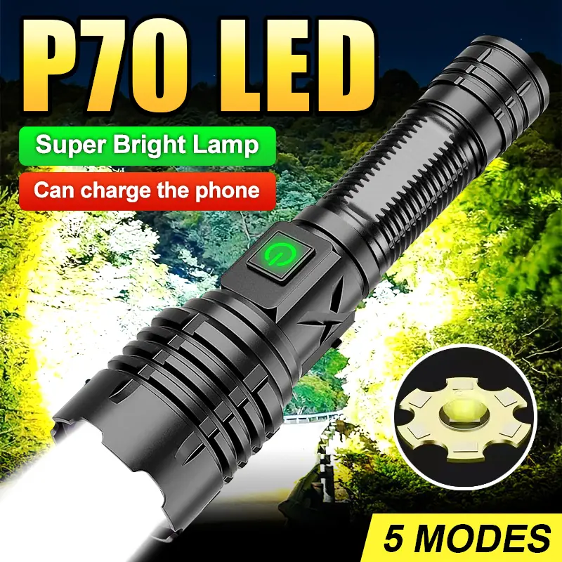 Rechargeable P70 LED Flashlight - Strong, Portable Outdoor Emergency Survival Gear, 30W Ultra Bright Beam, USB-C Charger, Military Grade 5-Mode Zoomable Waterproof Lithium Ion Power Bank, for Camping