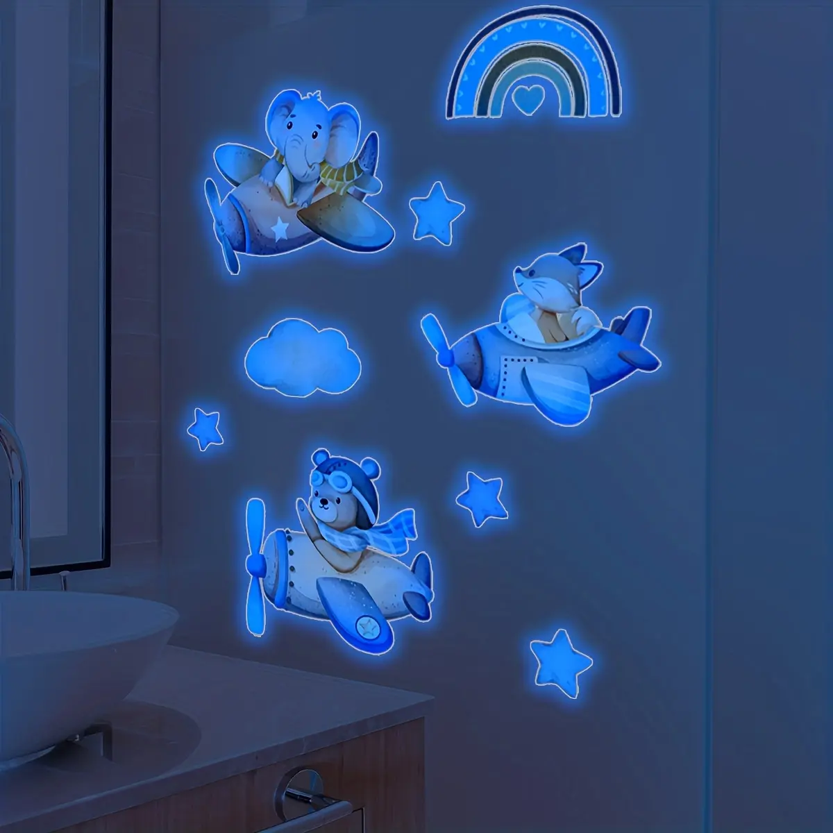 A 30*40cm self-adhesive bear airplane fluorescent 2D flat decorative wall sticker for home decoration, self-adhesive wall sticker, Glow In The Dark, Luminous Wall Sticker, Bedroom Decor, YCL20045