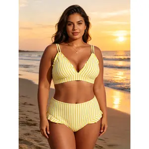 Yellow White Striped High Waisted Bikini Set, Ruffle Trim Double Strap Swimsuit, Two-Piece Swimwear for Women