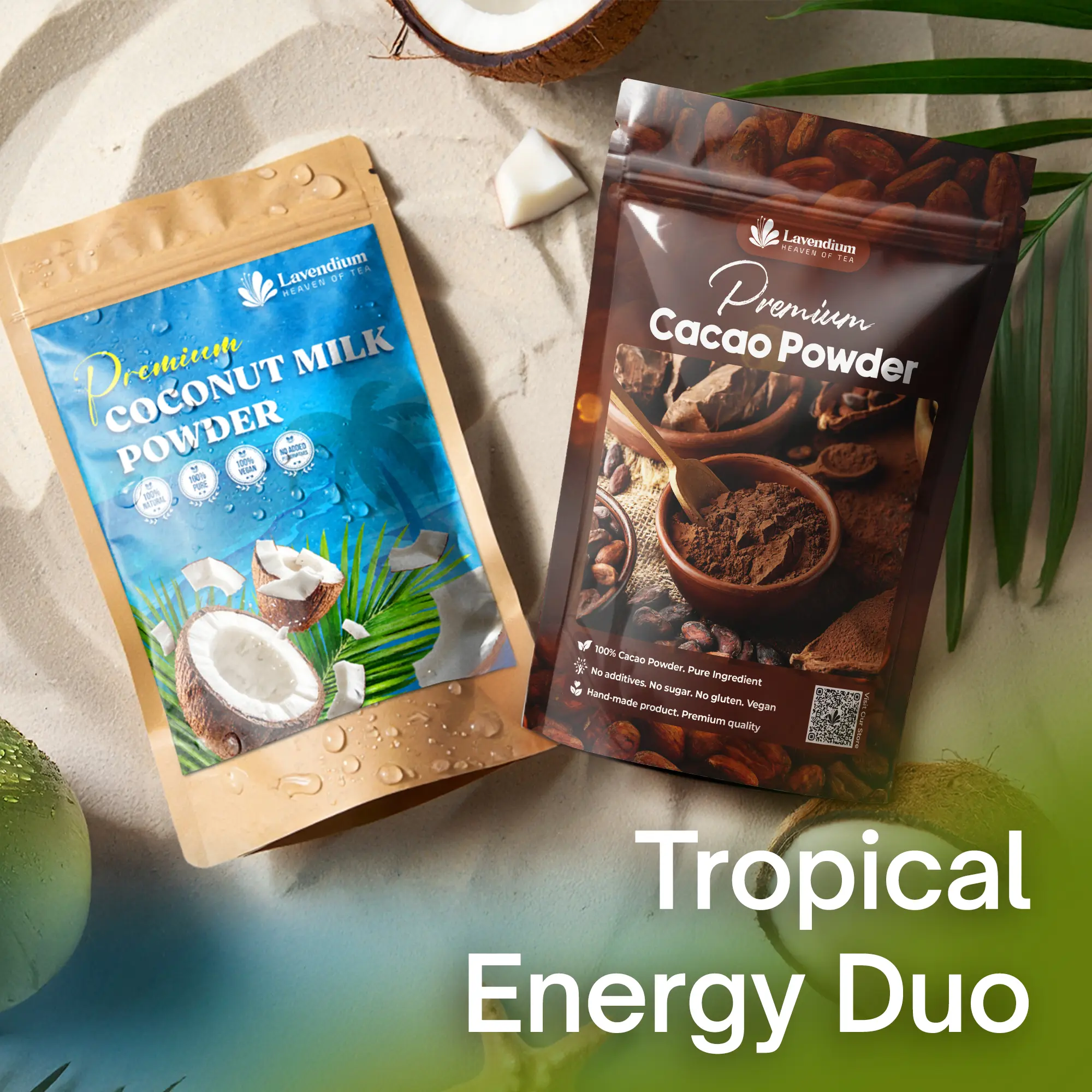 Tropical Energy Duo, Pure Cacao Powder 25oz (1.56 lbs), Organic Coconut Powder 20oz (1.25 lbs), 100% Natural and Pure, Unsweetened, Vegan, Non-GMO, Gluten-Free, Perfect for Smoothies, Coffee, and Daily Energy Support