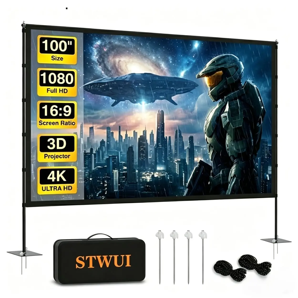 STWUI Outdoor Projector Screen (with Stand) 100, 120, 150 inches Portable Projection Screen Indoor Outdoor Projector Screens 16:9 4K HD Lightweight Movie Screen with Carry Bag for Backyard Movie Night Foldable Projector Screen