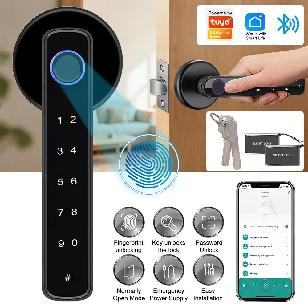 Upgraded Smart Door Lock, Biometric Fingerprint & Bluetooth Password Keyless Keypad Entry, Fits Door Thickness 30mm-55mm