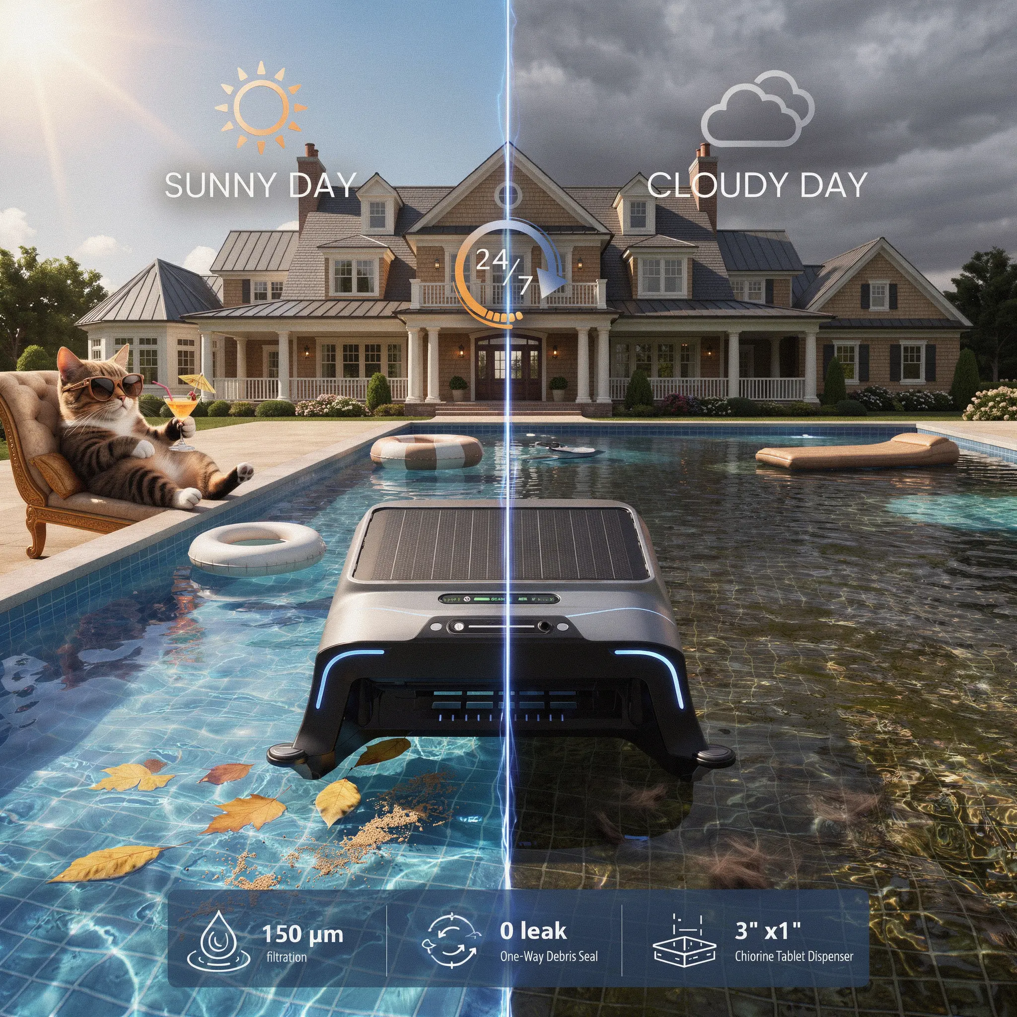 Yousky Pura V12 WiFi App Controlled Automatic Pool Skimmer Solar Powered Cordless Robotic Pool Surface Cleaner for Above Ground Inground Pool