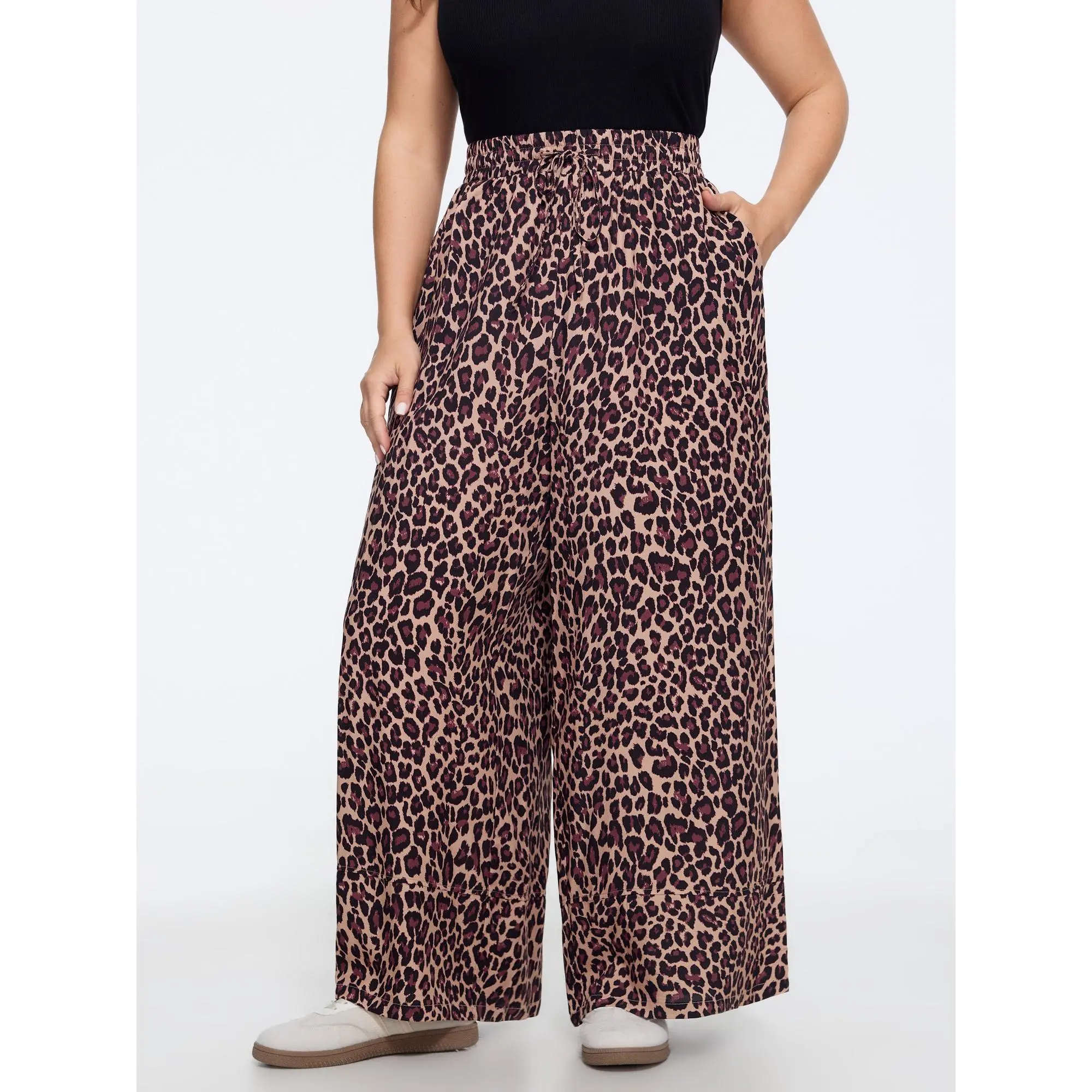 BLOOMCHIC Women's Plus Size Leopard Print Elastic Waist Wide Leg Rayon Pants - Smooth Fabric, Casual Clothes, Pocket Design, Summer Bottoms [M-6X]