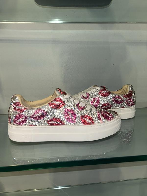 Betsey Johnson Sidny Sneaker with Glittering Lips Design and White Sole