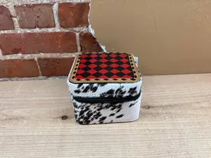 Black and Red Checkered Painted Leather and Cowhide Small Square Jewelry Box