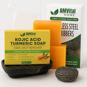AMVital Kojic Acid Turmeric Soap Set for Brightening & Smooth Skin, 2 Foaming Cleanser Bars with Matte Black Soap Dish & 4 Stainless Steel Scrubbers, Unisex Body & Home Kit