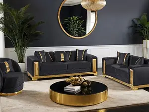 FM67001BK-SL 2 pc Valdosta Black Velvet Fabric with Gold Trim Accents, Love Seat Set
