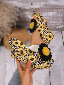 New Thick Heel Sandals, Sunflower Fish Mouth Wedge Shoes, Waterproof Platform, Women's Sexy PU Leather Flip Flops