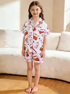 2-piece set of children's clothing, girls' white background, full body bow, star print pattern, short sleeved shorts, soft top, small pocket, elastic waistband, home pajamas set, Casual Comfy Pajama, Pajama outfit