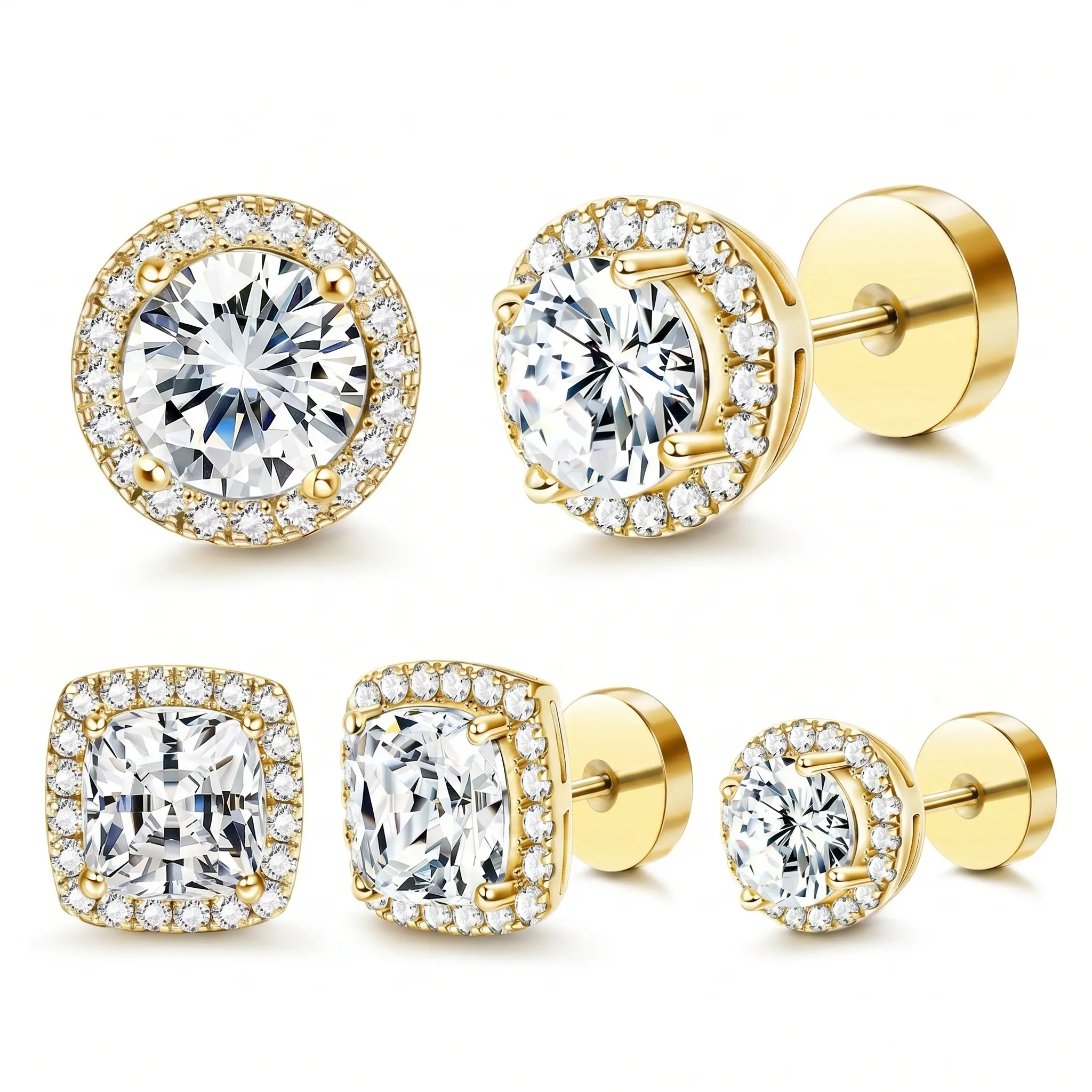 Luxury Halo Zircon Stud Earrings 4-Pack, Gold & Silver Round/Square Styles, Hypoallergenic Copper-Plated, Comfortable Daily Wear, Versatile Fashion Accessories for Women & Adults, Jewelry Box Included, Birthday Gifts for GF