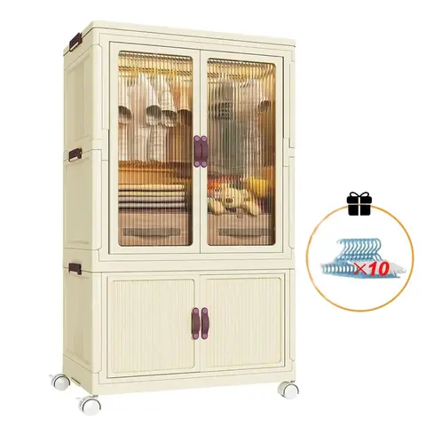Modern 25-in Wide Storage Cabinet - 2-Layer Foldable Mobile Rolling Wardrobe with Flat Panel, Wheels, 10 Hangers, Waterproof Surface, 25" Wide Access, 25.6in x 16.5in x 43in Dimensions for Clothing Organization